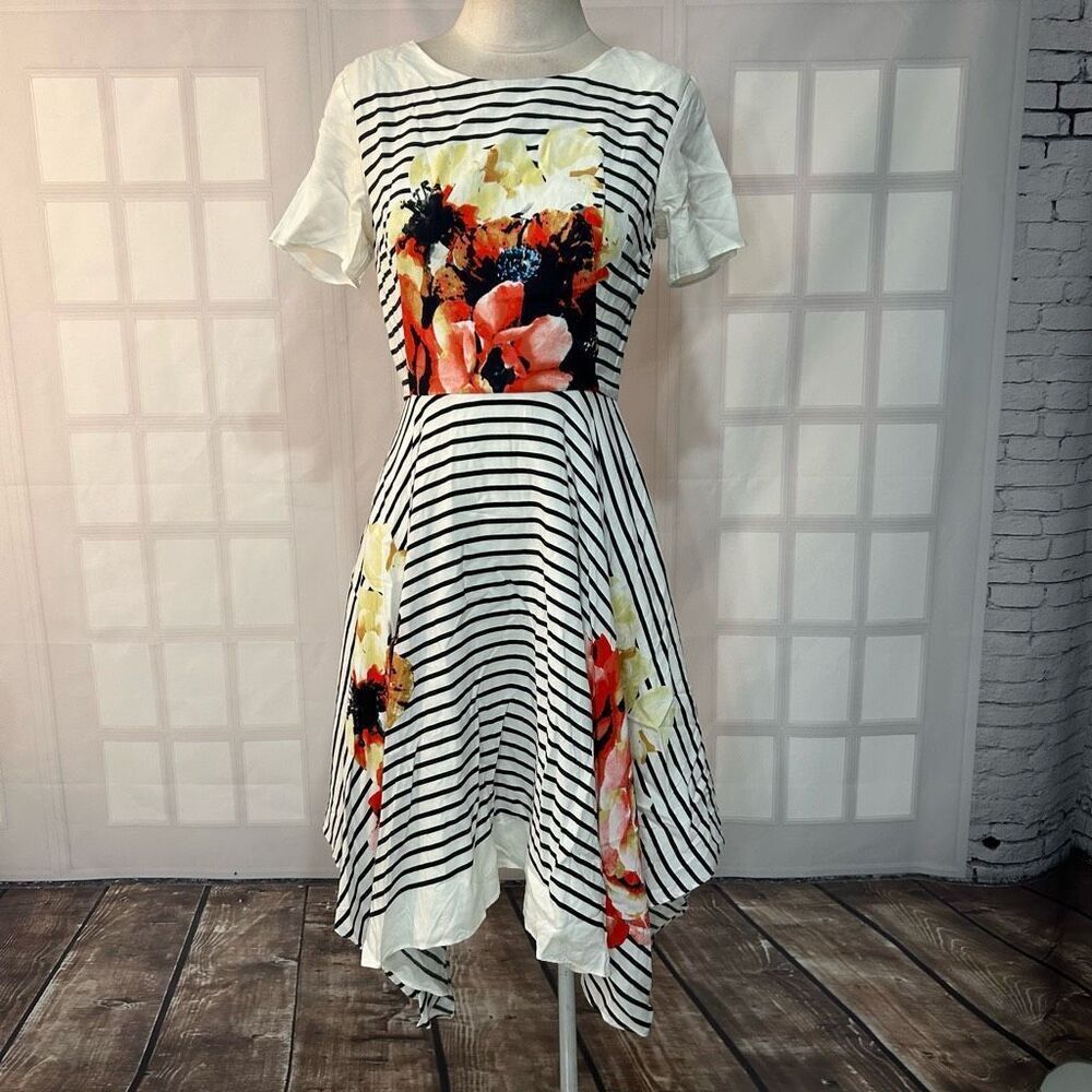 Anthropologie Cream Striped Midi Dress with Red & Pink Floral Print - Picture 3 of 11